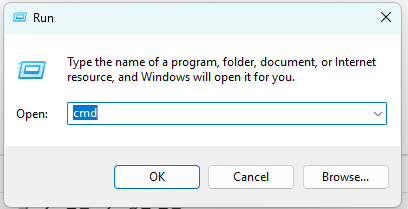Win + R 을 눌러 cmd를 입력하여 명령프롬프트를 열어줍니다.